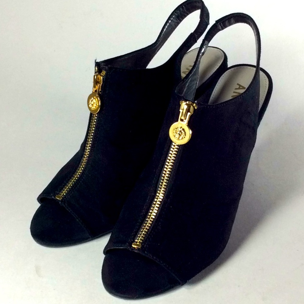 Anne Klein Black Suede Peep Toe Slingback Heels with Gold Zipper